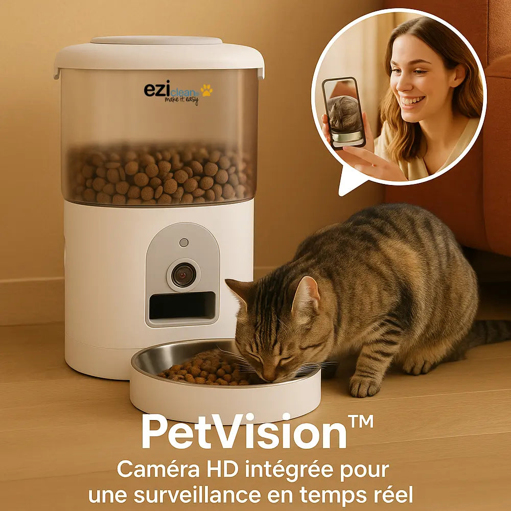Eziclean Distributeur de croquettes et fontaine pour chat et petit chien Nutribot Cam+